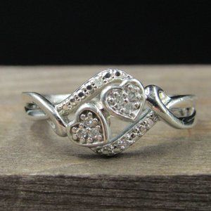 Size 6 Sterling Silver Double Heart Diamond Ring